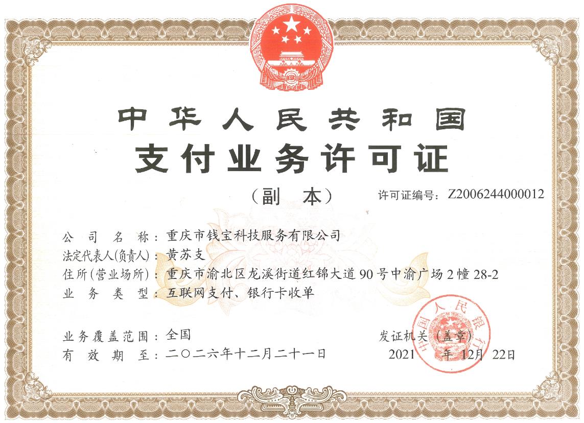 钱宝支付牌照，鲲鹏支付